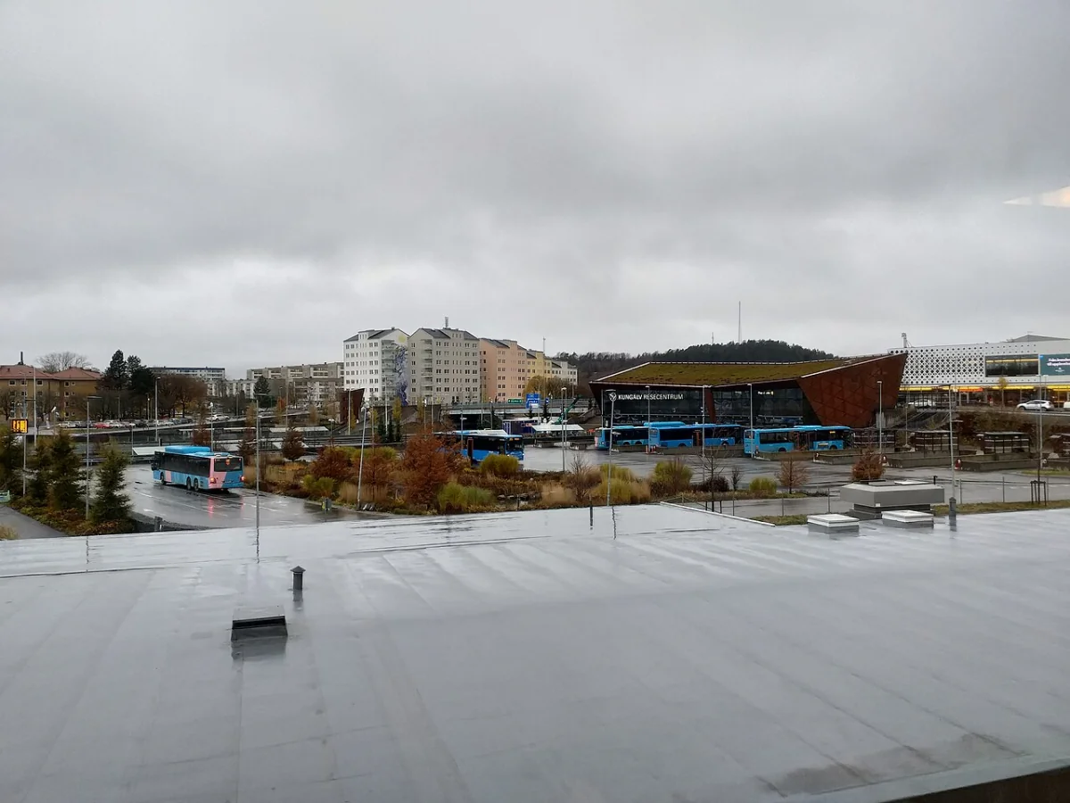 Översikt över Kungälv med torg och centrumbebyggelse