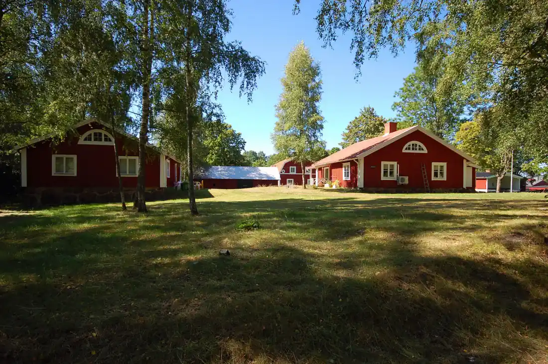 Röda hus i Lessebo med gräsyta och björkar