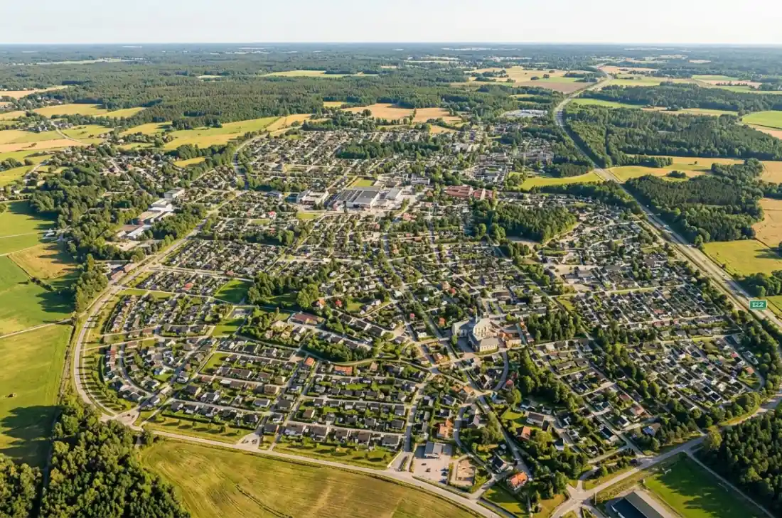 Flygvy över Lindsdal med bostadsområde och vägar