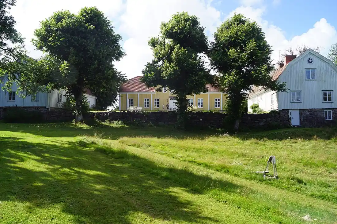 Öppet grönområde i Åby med villor och träd