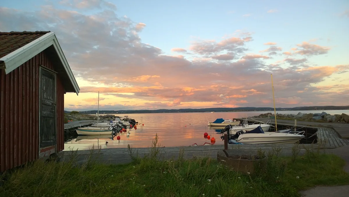 Småhamn på Tjörn i kvällsljus vid havet