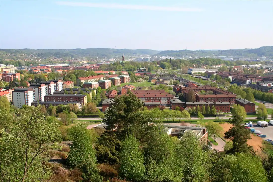 Översikt över Mölndal med bostäder och grönska