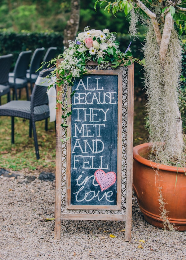 Image of chalkboard saying "All because the met and fell in love"
