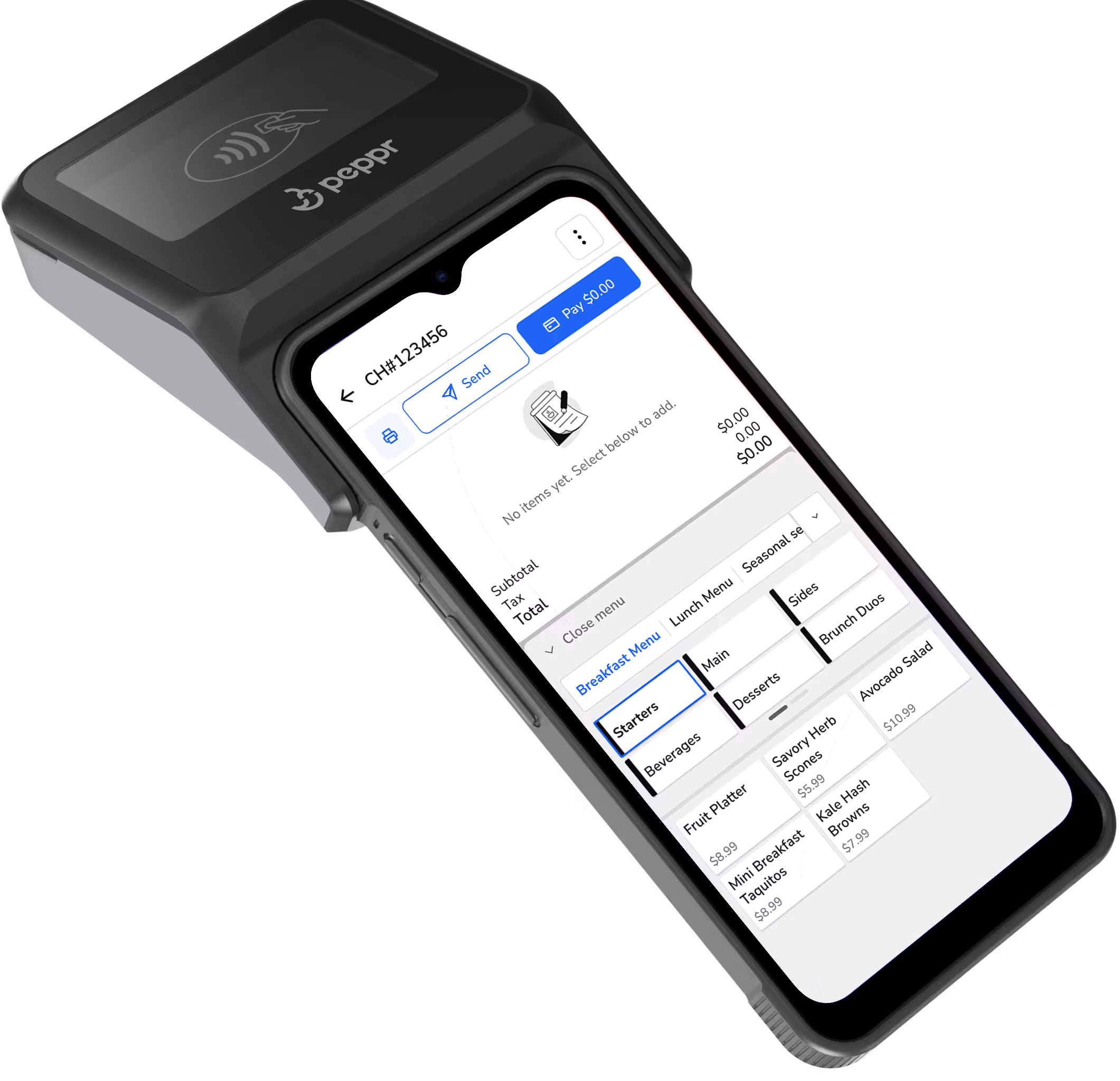 Peppr handheld point of sale device with ordering screen