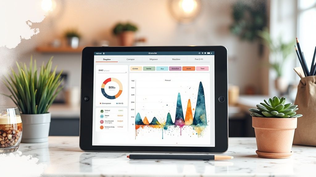 A restaurant owner analyzing data on a tablet in a well-lit cafe setting.