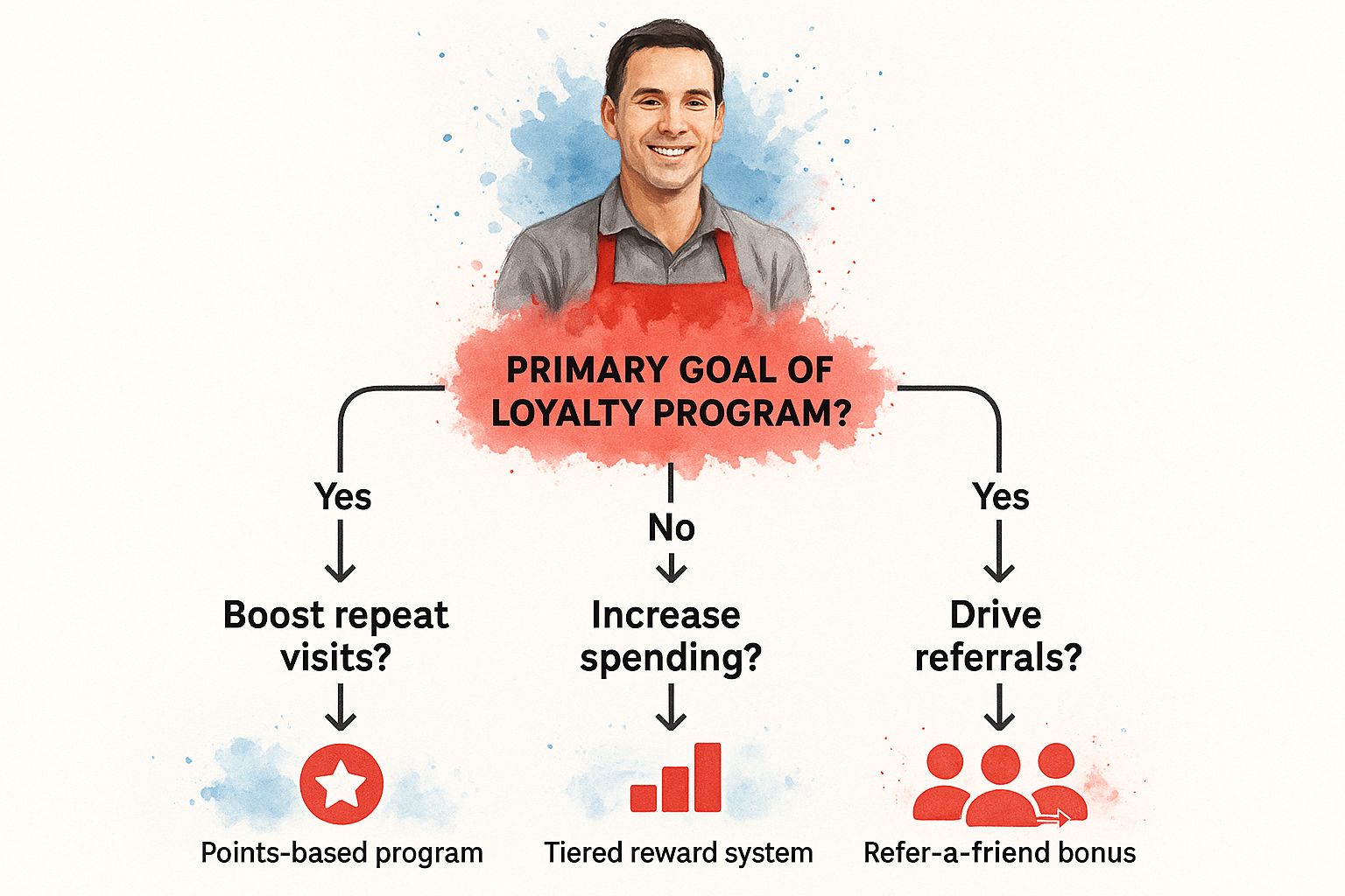 Infographic decision tree for choosing a restaurant loyalty program based on goals like boosting visits, increasing spending, or driving referrals.