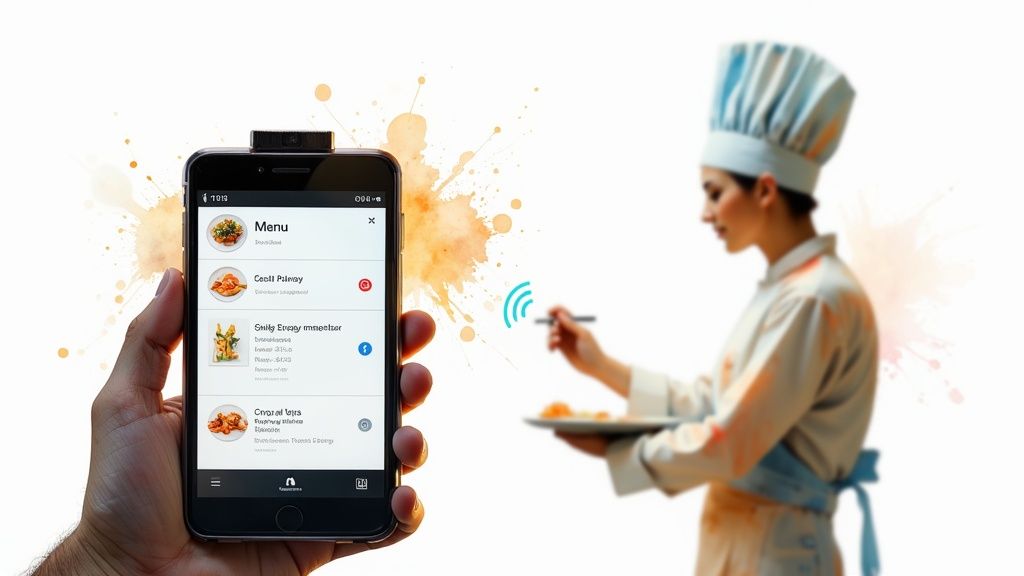 A server taking an order on a handheld POS device in a well-lit restaurant.