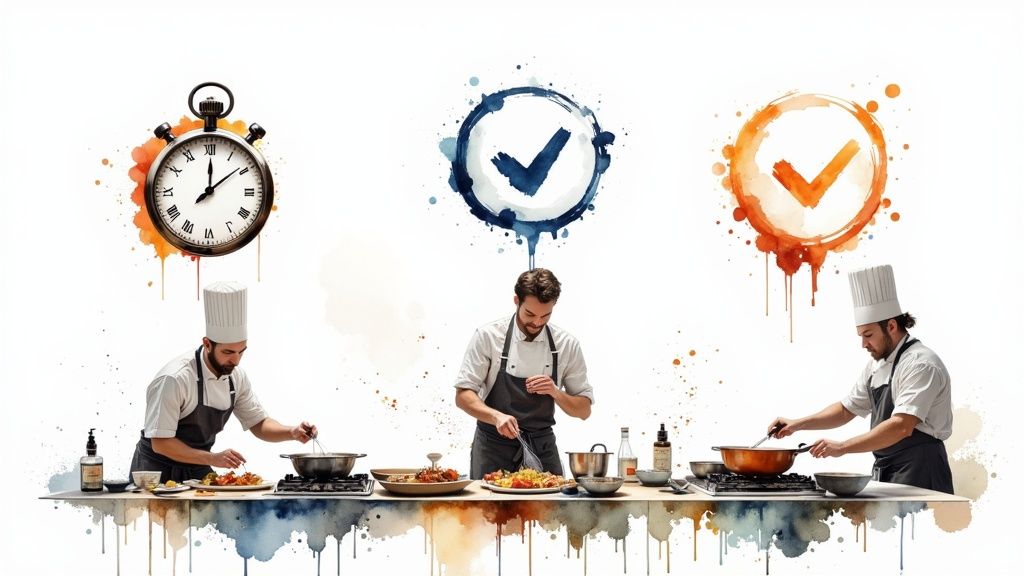 Chefs looking at a restaurant kitchen display system screen showing incoming orders.