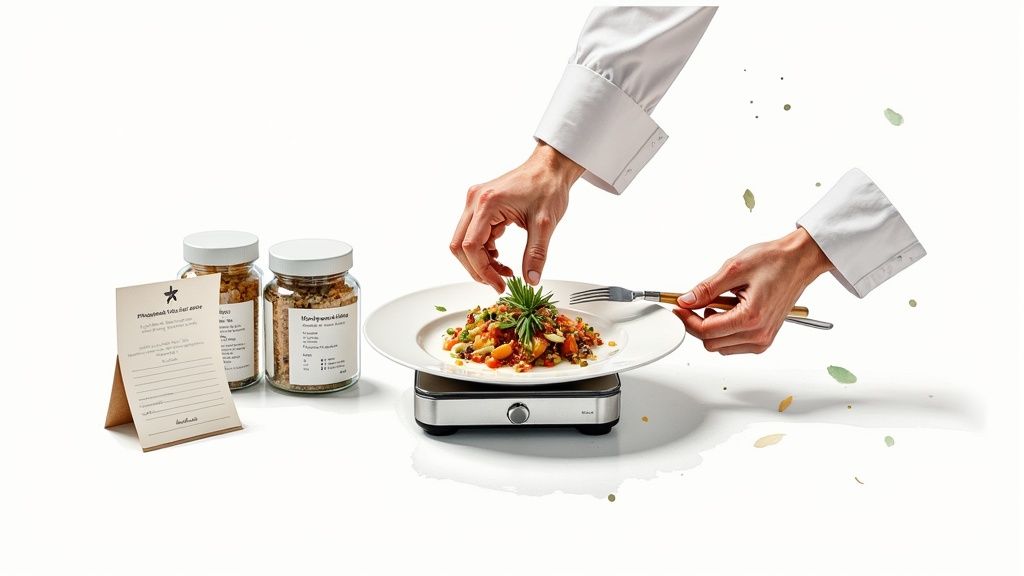 Chef carefully plating a dish in a restaurant kitchen