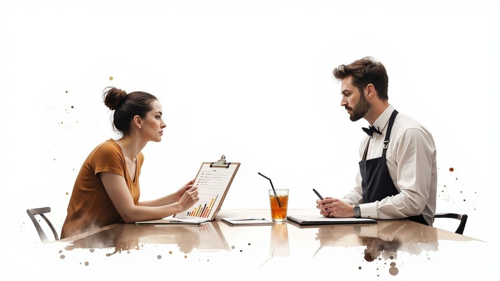 A restaurant manager reviewing documents and data on a laptop in a brightly lit office setting.