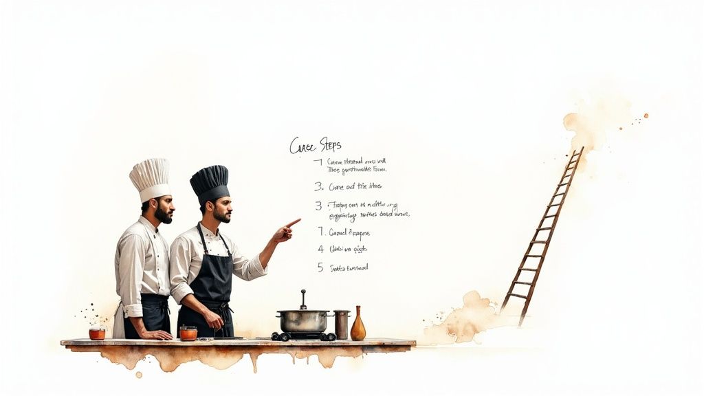 A chef instructing a a junior cook in a professional restaurant kitchen setting.