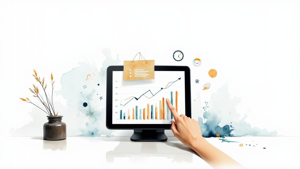 A restaurant manager reviewing point of sale reporting data on a tablet in a busy kitchen.