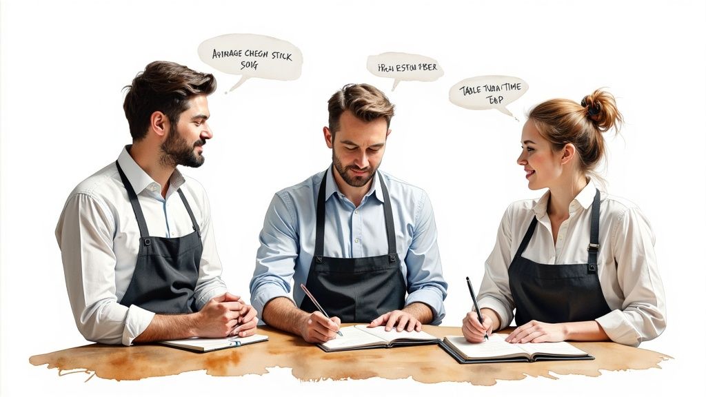 A restaurant owner reviewing performance reports with a server in a positive, collaborative setting.