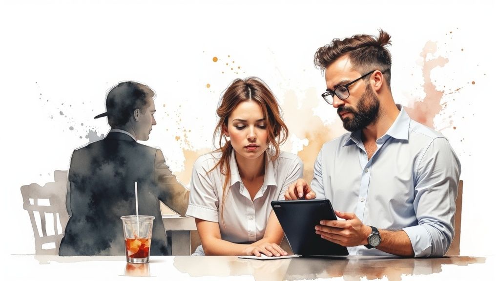 A restaurant manager training a new server on a tablet POS system.