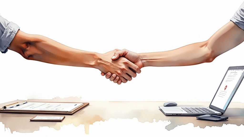 A team of marketing professionals analyzing SEO data on a computer screen.