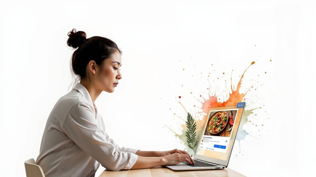 A close-up of a restaurant owner updating their business profile on a tablet.