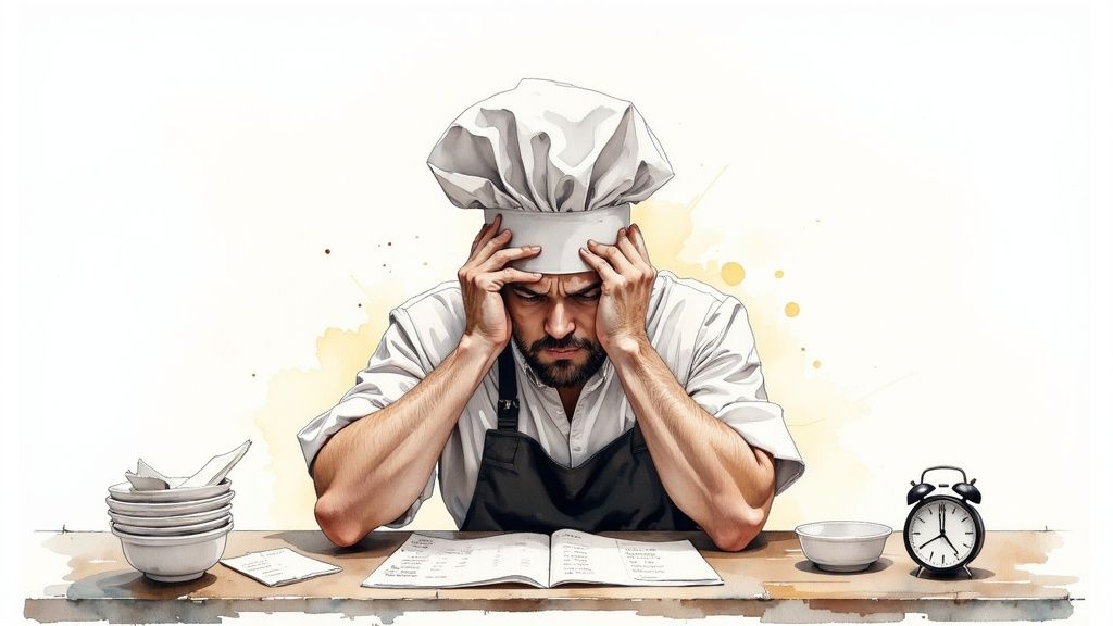 A stressed restaurant manager checks inventory on a tablet in a busy kitchen.