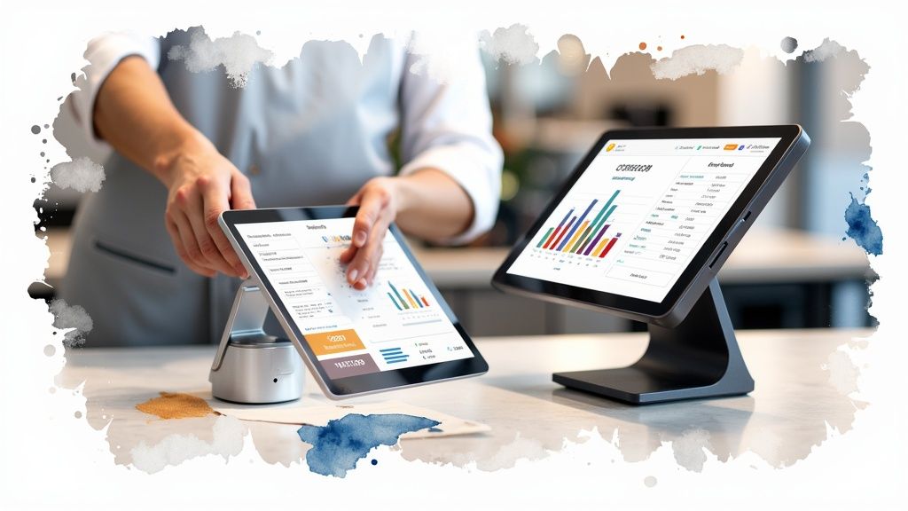 Restaurant staff using a modern POS system tablet to take an order at a table