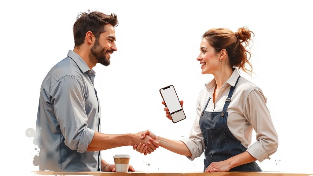 Customers enjoying a meal and interacting with friendly staff in a restaurant setting