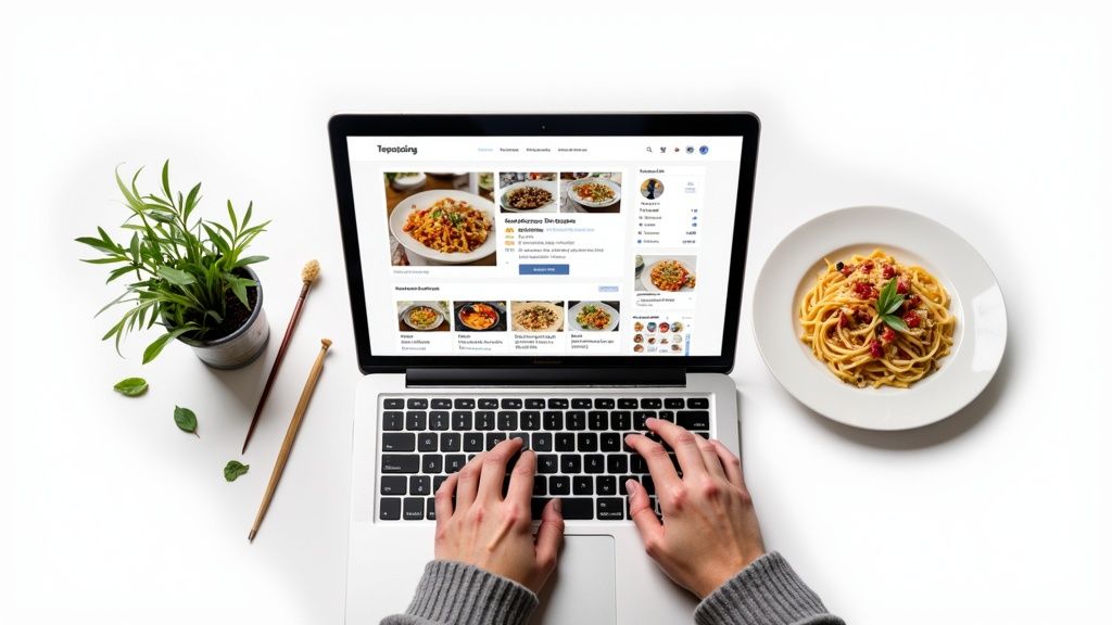 A chef carefully plates a gourmet dish in a modern, well-lit restaurant kitchen.