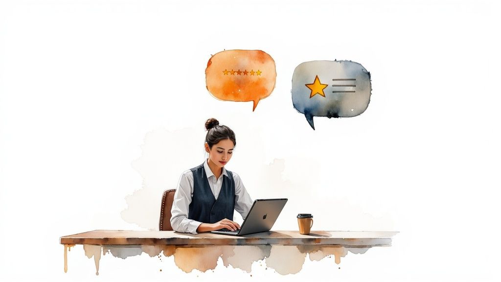 A restaurant manager smiling while reading reviews on a tablet in a bustling, warmly lit restaurant.