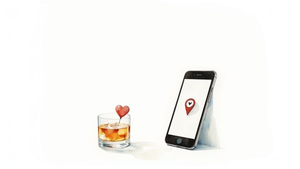 Smartphone displaying location pin with heart icon next to cocktail glass with heart stirrer
