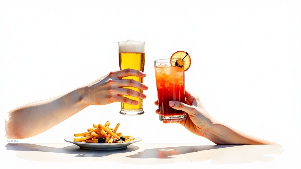 Two hands toasting beer and cocktail drinks over plate of french fries
