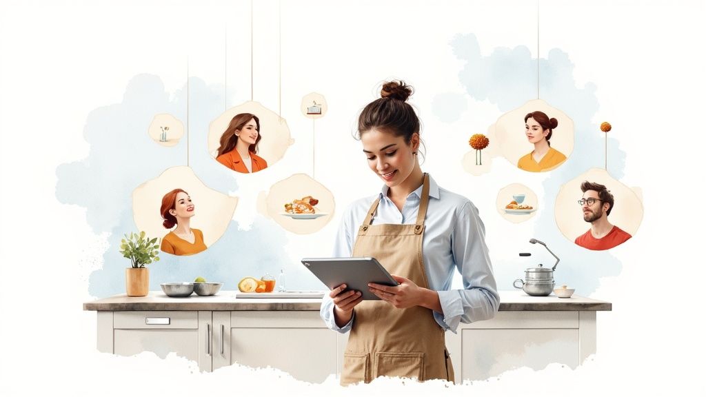 Restaurant manager using tablet to review employee schedules and labor costs in modern kitchen