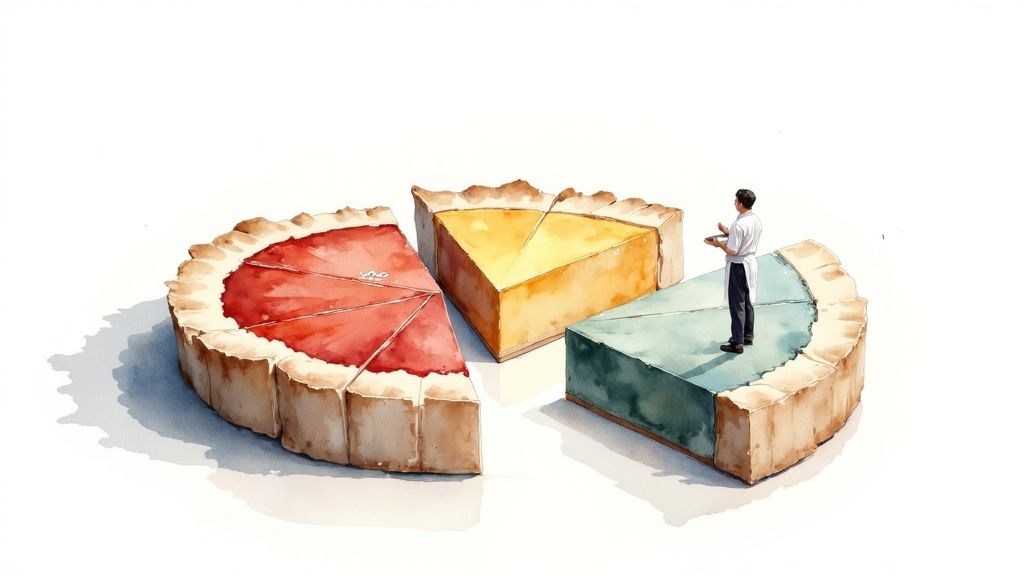 Business person analyzing pie chart sections representing restaurant labor cost distribution and budget allocation