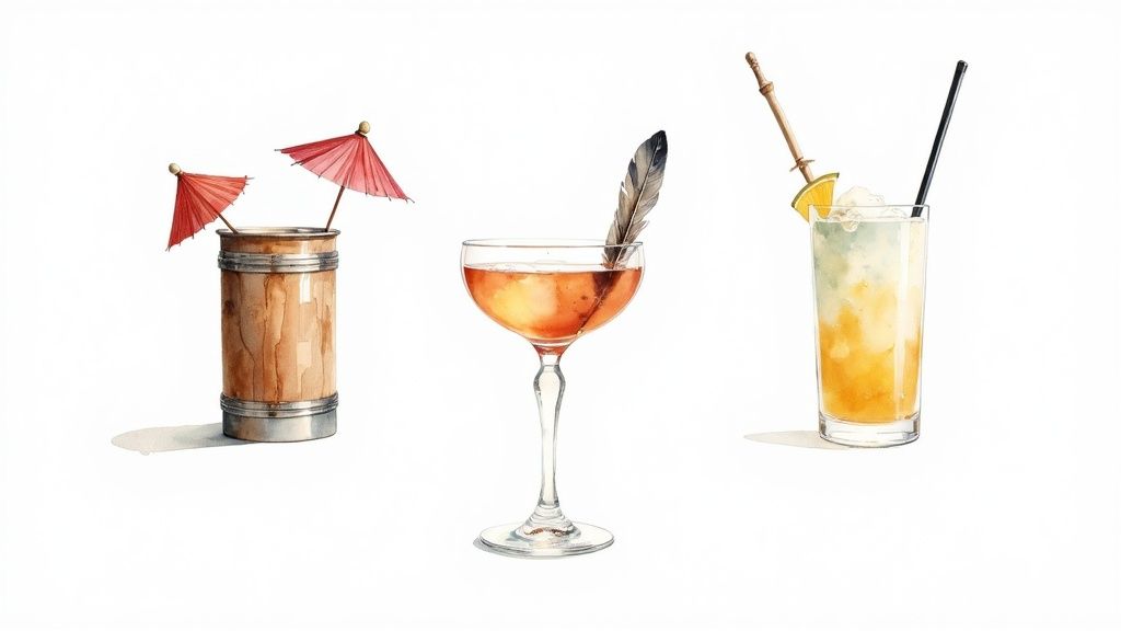 Three watercolor cocktails: a bamboo-style cup with umbrellas, a tall layered drink, and a coupe glass with a feather.