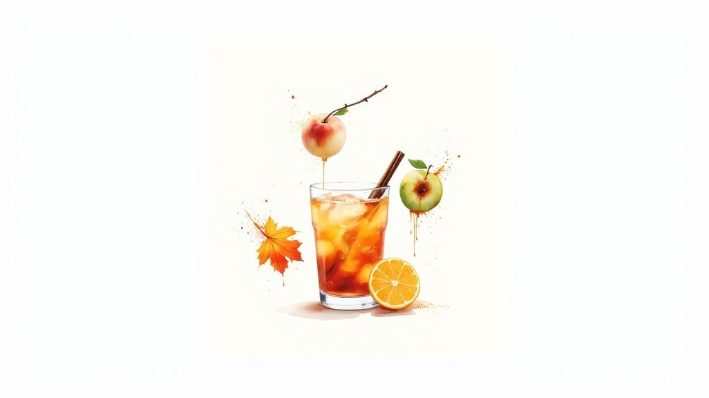 Watercolor illustration of a refreshing autumn drink with apples, orange slice, cinnamon, and a maple leaf.
