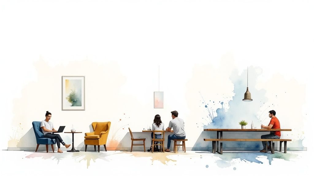 Watercolor illustration of a modern coffee shop layout with people working and relaxing in different zones.
