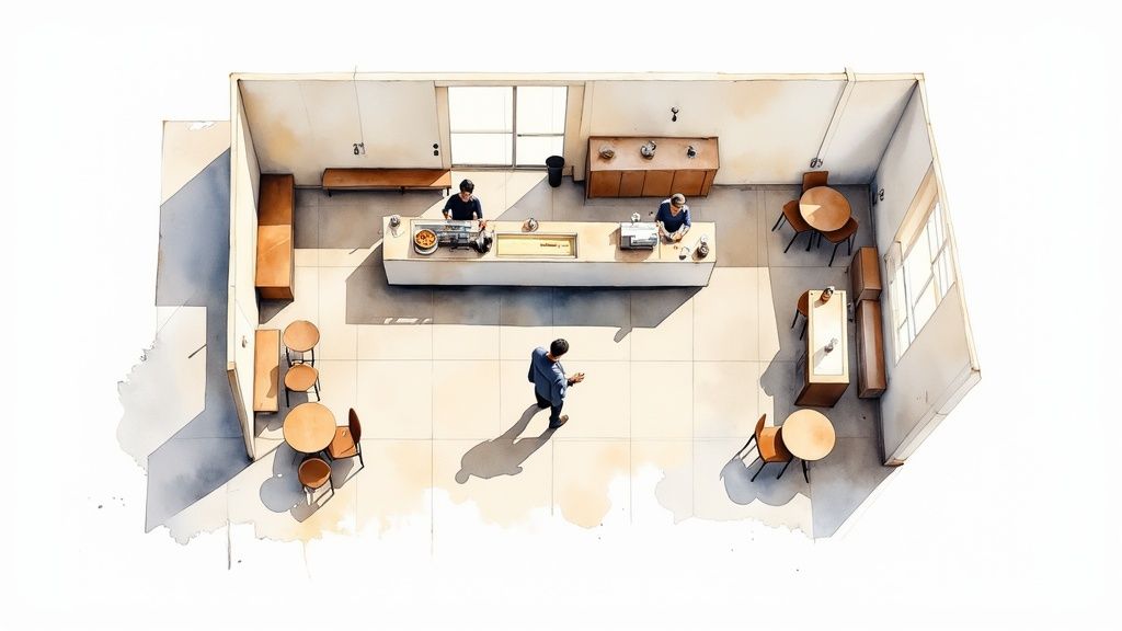 Aerial watercolor illustration of a minimalist coffee shop with staff, a customer, and various seating.