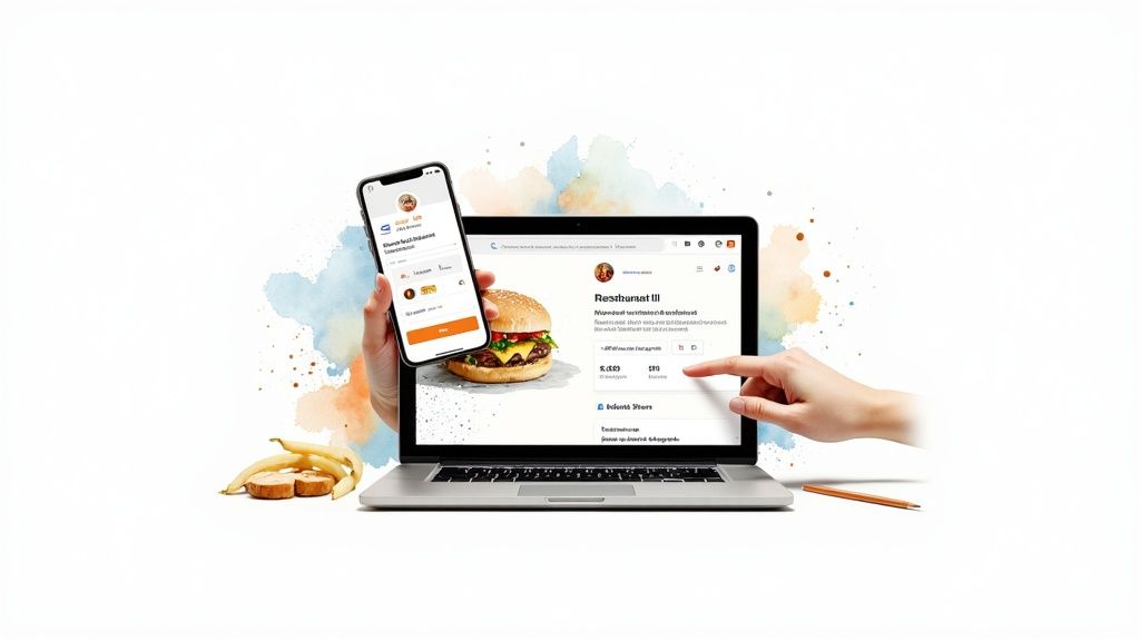 Laptop and smartphone displaying online food ordering platforms for a restaurant, featuring a burger.