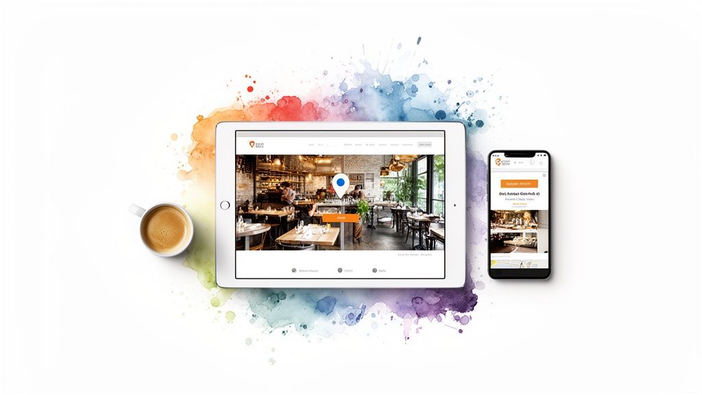 Restaurant website and app displayed on a tablet and smartphone, accompanied by coffee on a vibrant background.