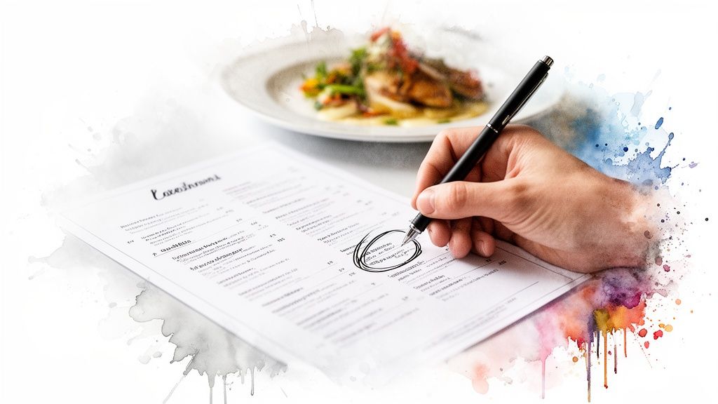 A hand holding a pen, circling an item on a restaurant menu with food in the background.