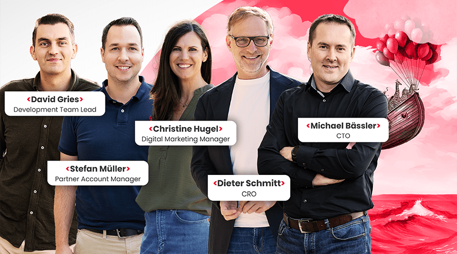Teilnehmende des DSAG Jahreskongresses 2025 von Theobald Software stehen vor einem roten Hintergrund.