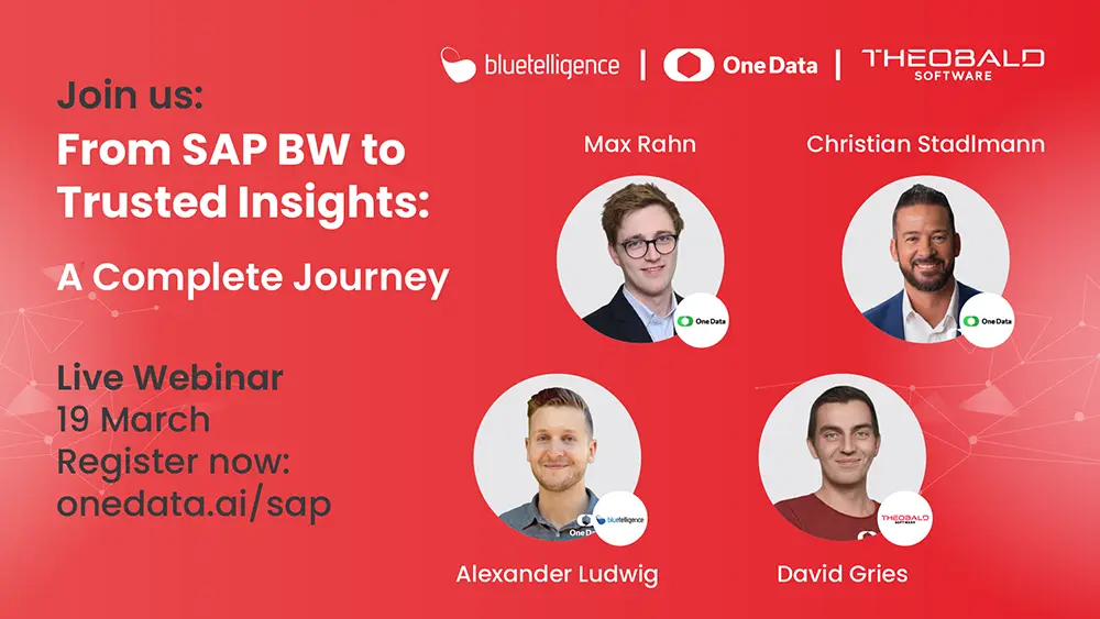 Grafik mit Details und Fotos der Speaker eines Webinars von Theobald Software.