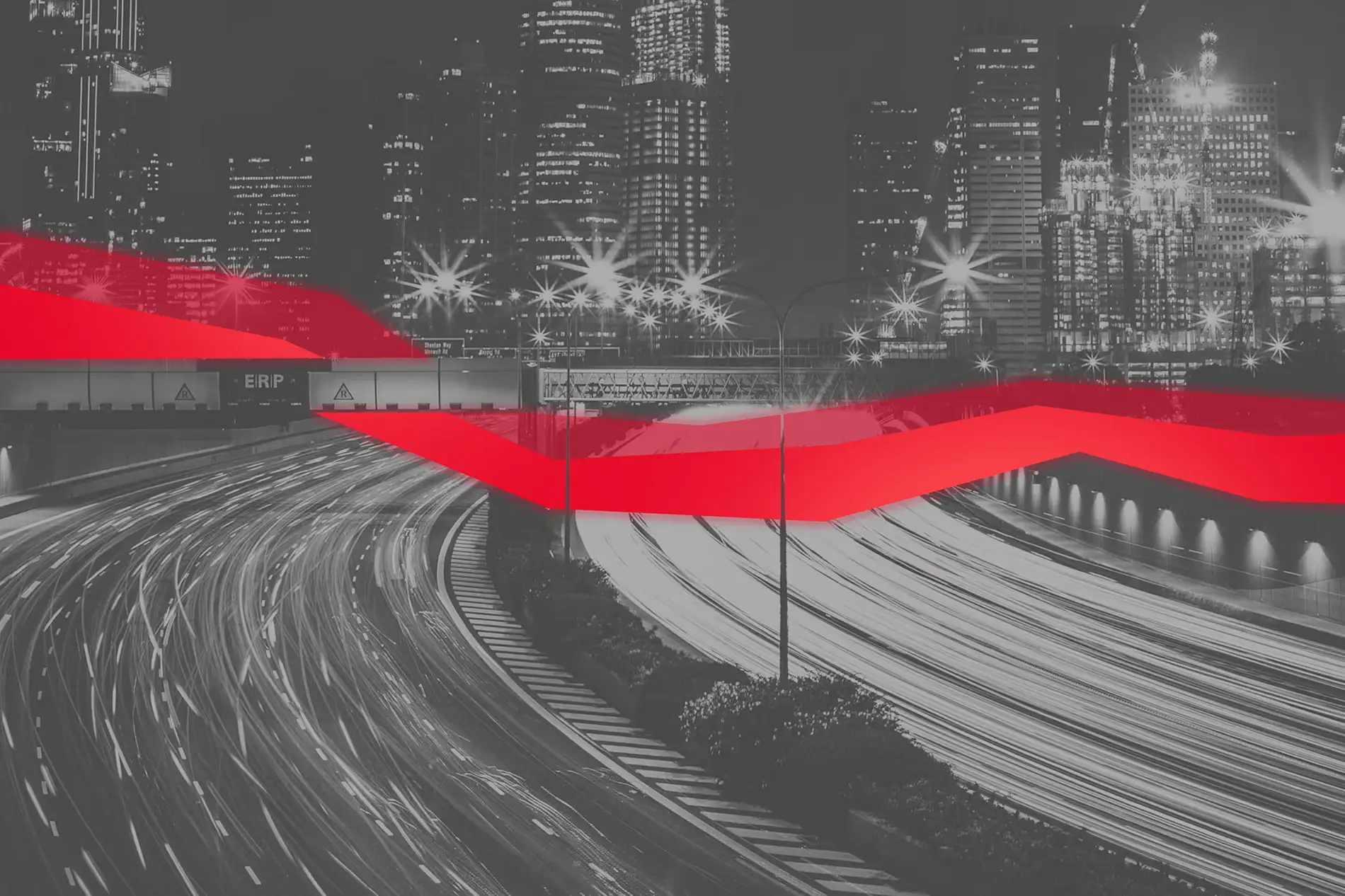Graue Straßen in einer Großstadt, durchs Bild läuft ein roter Streifen.