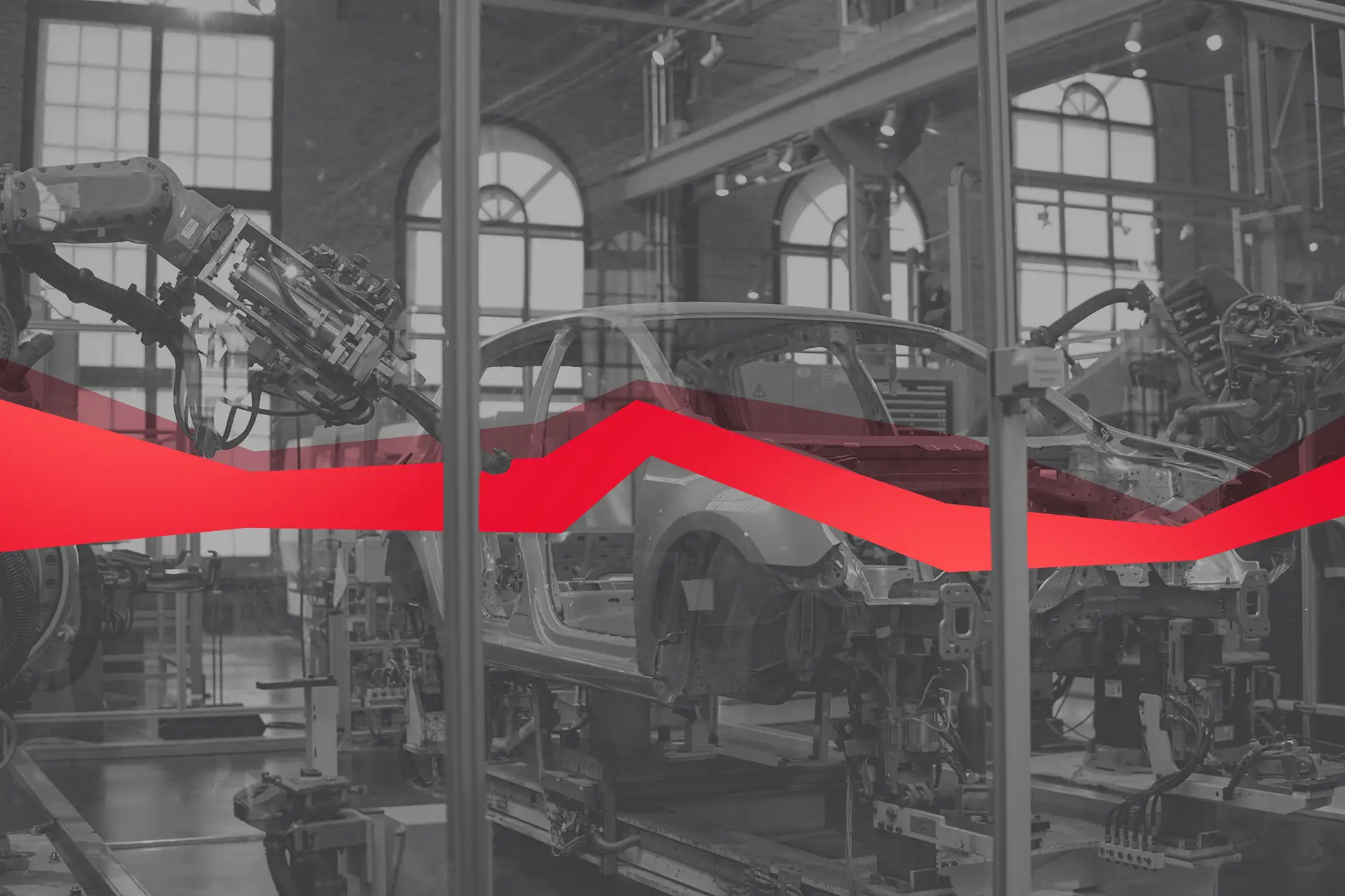Graues Bild von einer Autowerkstatt, durchs Bild führt ein roter Strang.