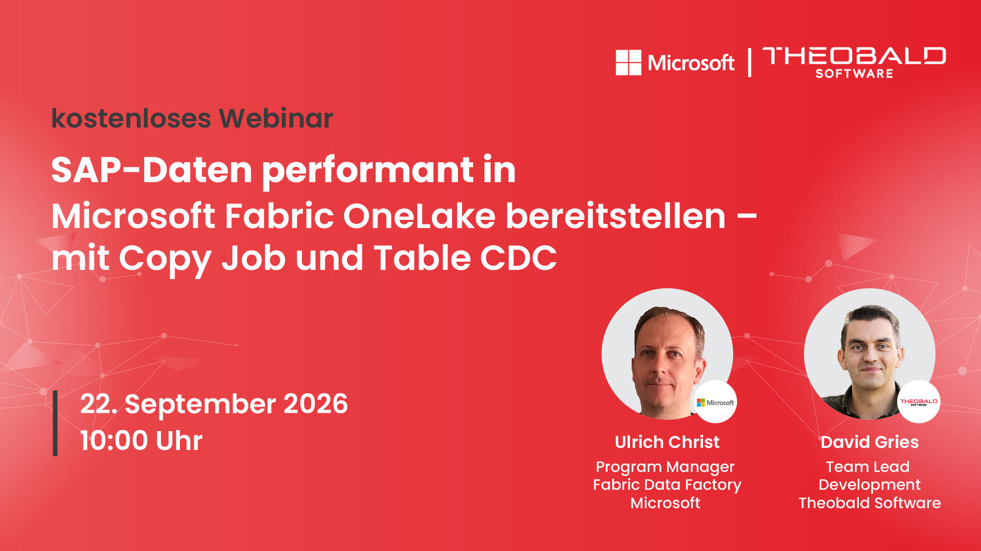 Rote Grafik mit Informationen zu einem Webinar von Theobald Software darauf.