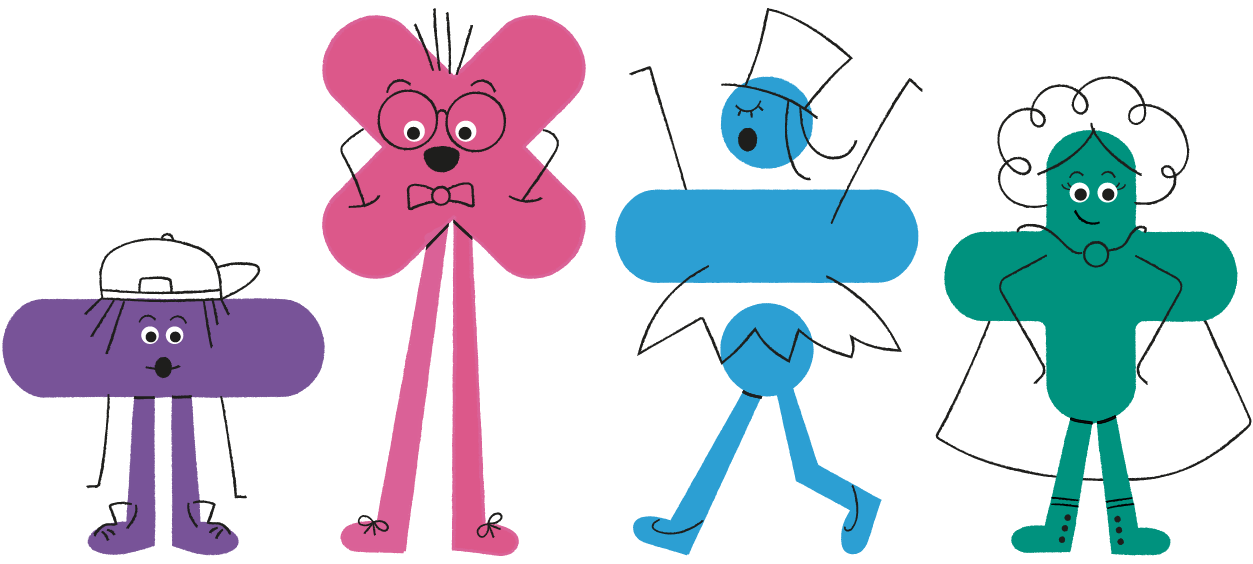 Groups of maths character mascots standing in a line - Sub, Timmy, Dion and Addy