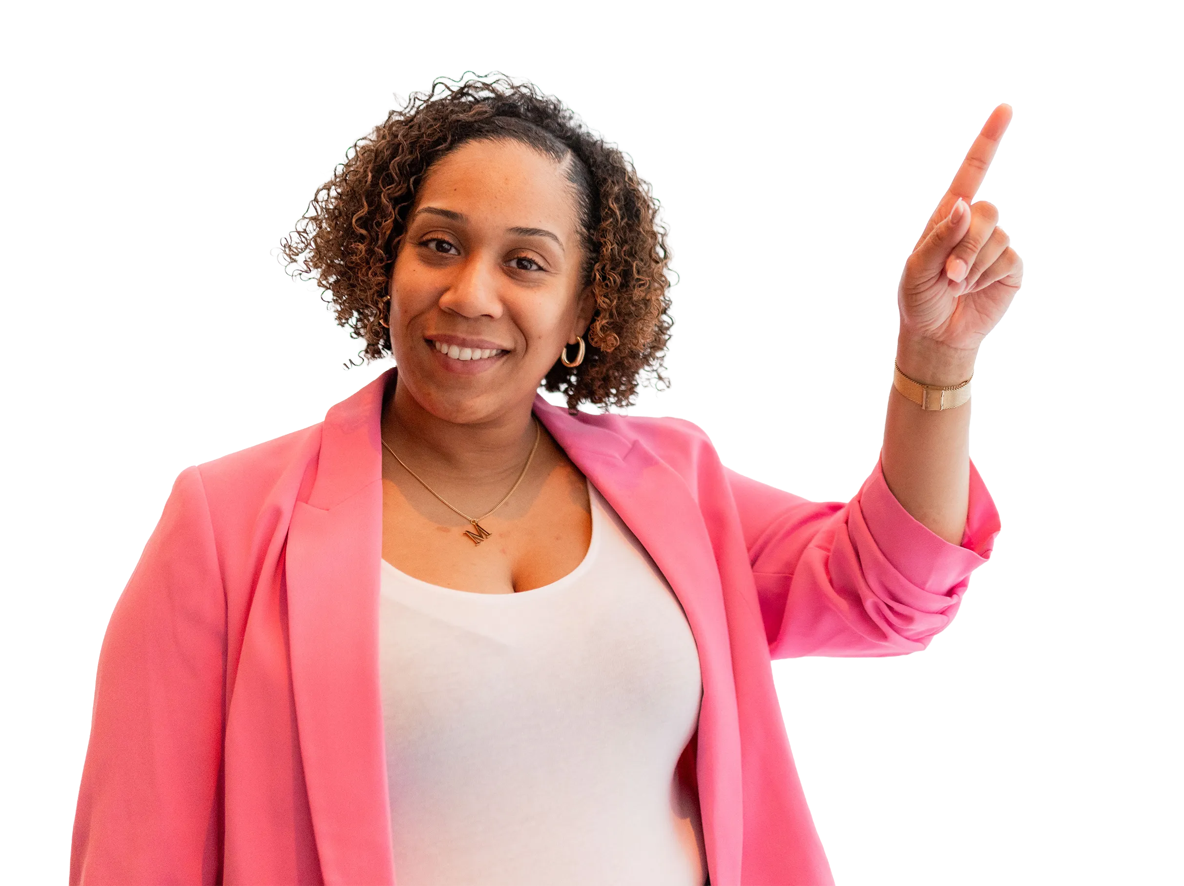 Image of Michelle dressed smartly in a pink suite, pointing at the text and smiling