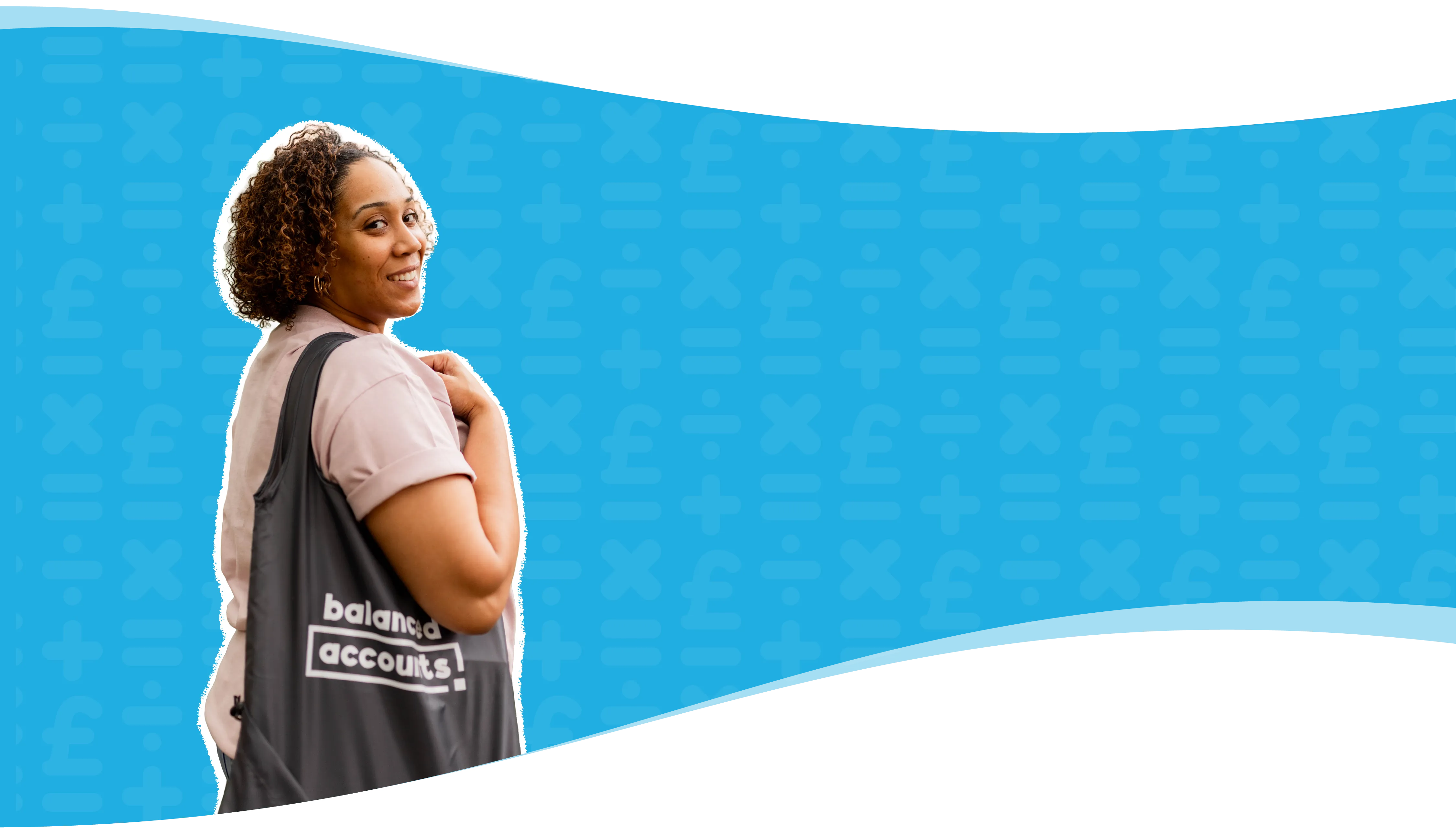 Blue banner with a pattern of semi transparent math shapes. Over the pattern is an image of CEO Michelle looking back at the camera while holding a Balanced Accounts Bag
