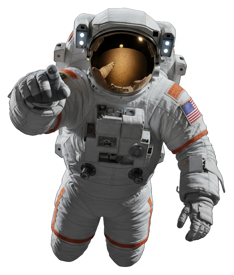 Astronaut in white and orange spacesuit with American flag patch, pointing forward with reflective helmet visor visible.