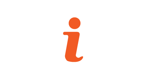 Orange lowercase letter i inside a white speech bubble on a black background, symbolizing information.