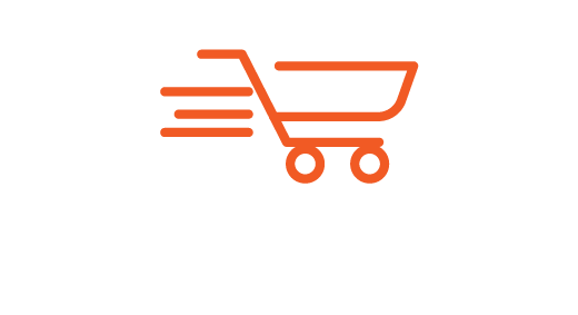 Red shopping cart icon in motion displayed on a laptop screen with a white outline on black background.