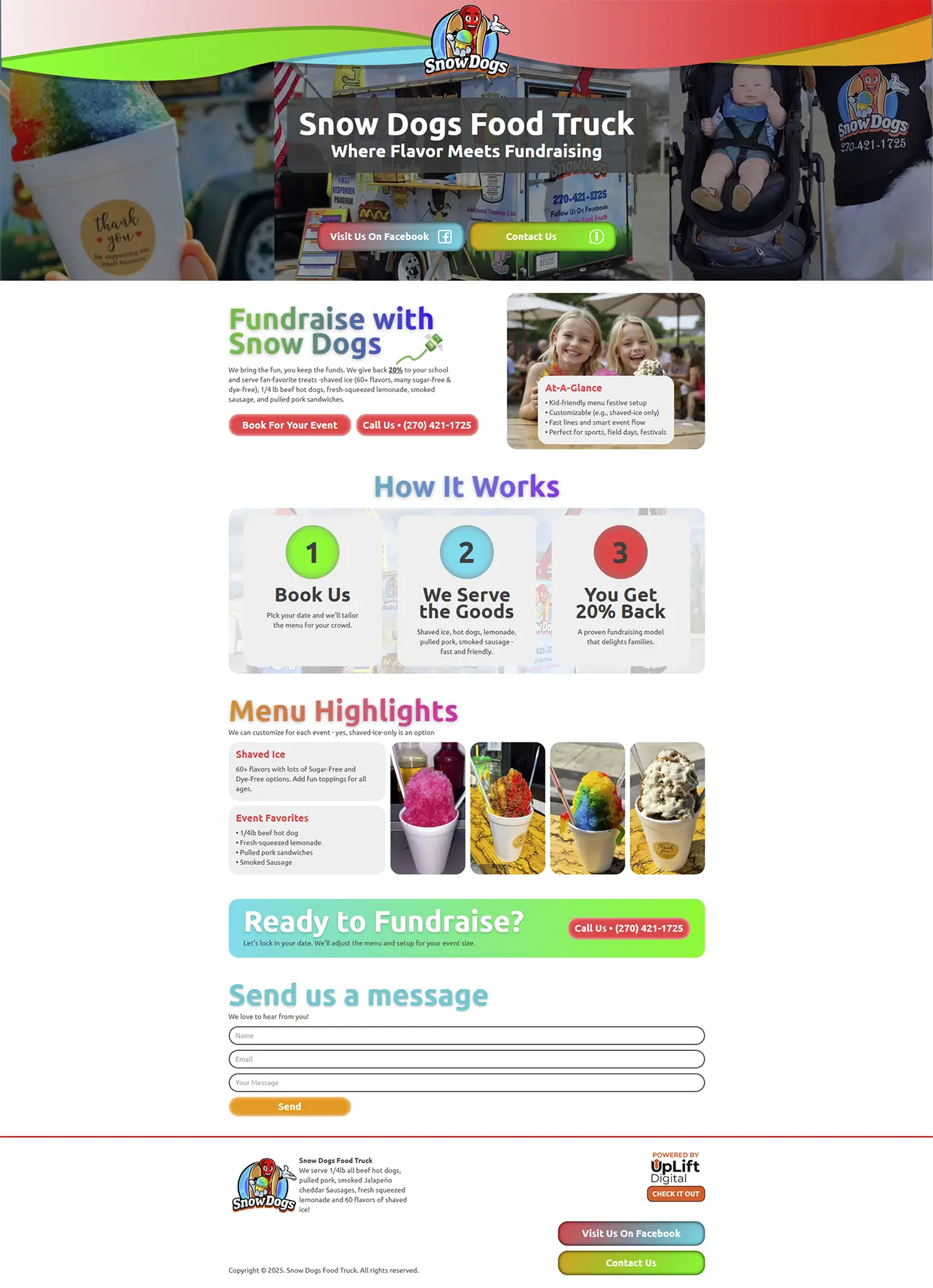 Snow Dogs Food Truck fundraising website homepage with menu highlights, how it works steps, and contact form featuring shaved ice and event favorites.
