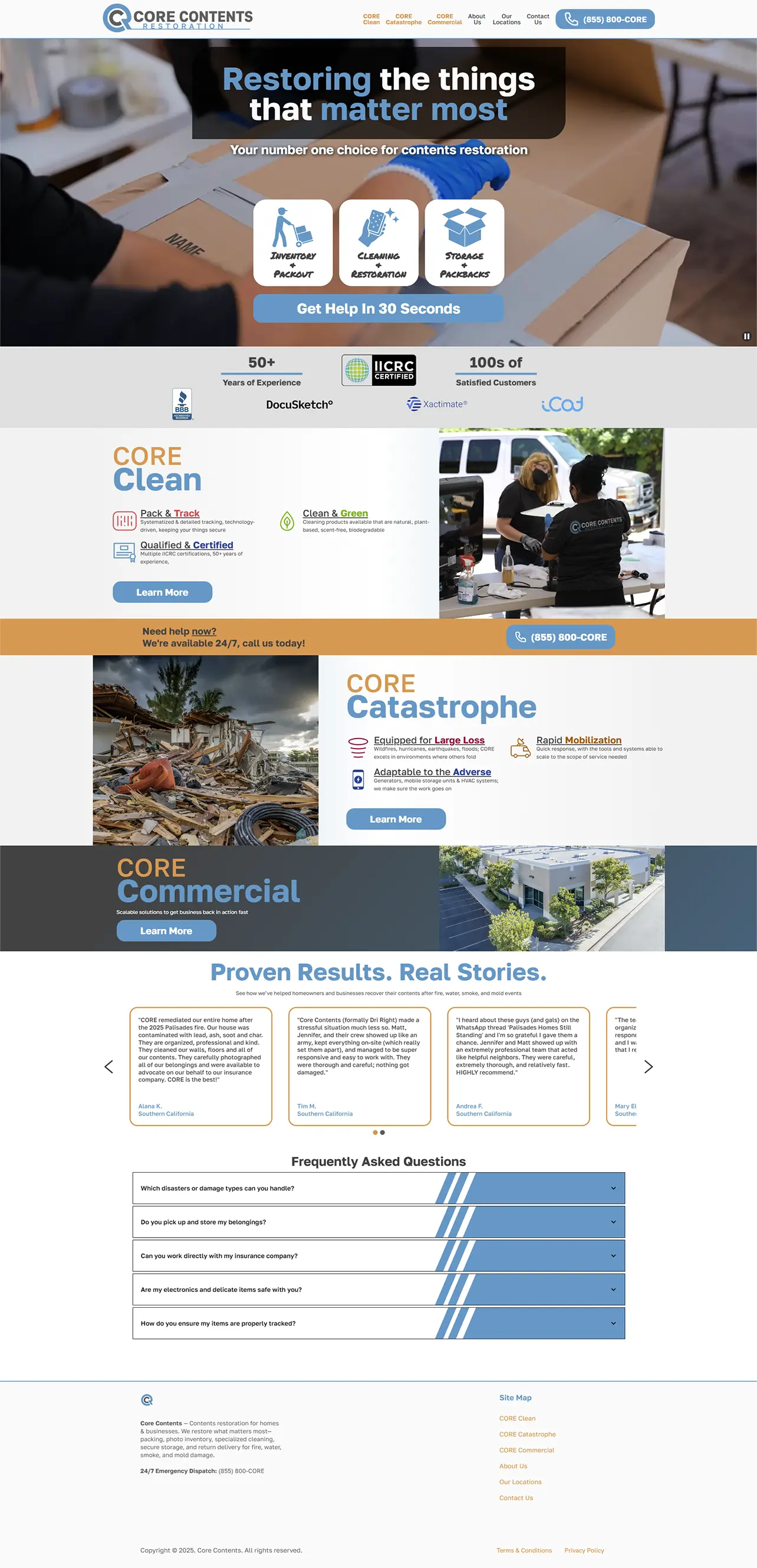 Core Contents Restoration homepage highlighting services in inventory packout, cleaning restoration, and storage, with sections for CORE Clean, Catastrophe, and Commercial services, customer testimonials, and FAQs.