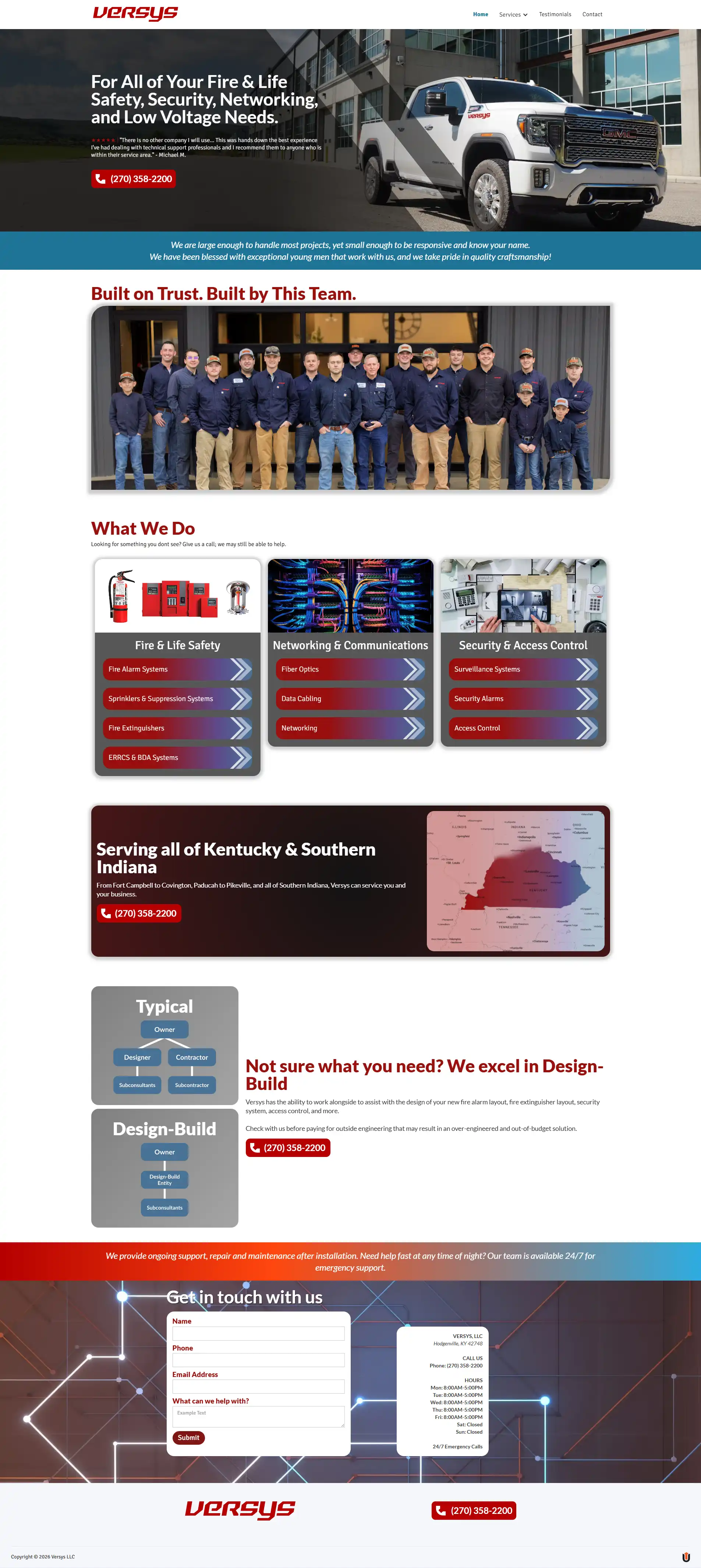 Versys website homepage showing a white GMC truck, fire and life safety, networking and communications, security & access control services, and a contact form with company details and phone number.